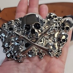 Genuine Leather 3D painted Belt Studs W/ Pile of Skulls Belt Buckle 36&Prime; Grunge