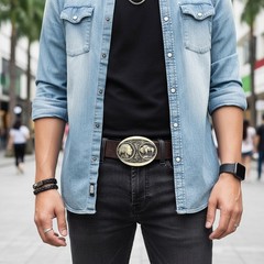 Men Antique Gold Metal Fashion Belt Buckle Big Native Buffalo Bull 5 Cents Coin