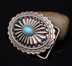 Vintage Silver Southeast Western Tribal Floral Turquoise Men&rsquo;s Belt Buckle 40mm