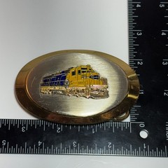 Gold Tone Oval Belt Buckle Die Cast Train Locomotive Yellow Blue