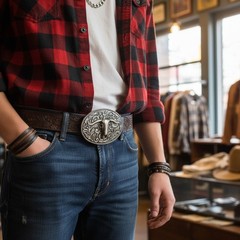 Men Rodeo Fashion Belt Buckle Silver Metal Longhorn Bull Oval Filigree Cow Skull