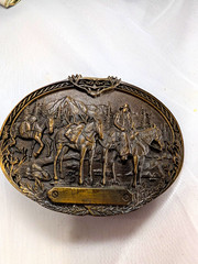 Vintage Solid Brass Western Belt Buckle Cowboy Pack Mules Elk Antlers Unengraved