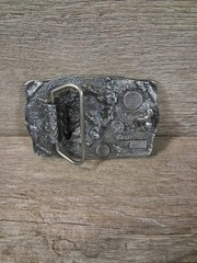 Vintage Bergamot Brass belt buckle 1984 Gold Miner, silver color Made in USA 23f