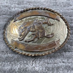 Cowboy Rodeo Belt Buckle Mens One Size German Silver Western Horse Oval Floral