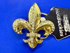 Fleur de Lis with Clear Rhinestone Gold Color Figural Belt Buckle by Hot Buckles