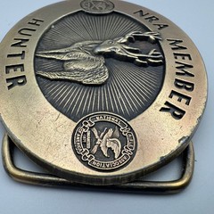 Vintage NRA Member Hunter Belt Buckle Brass Tone Deer Buck Wildlife Logo Oval