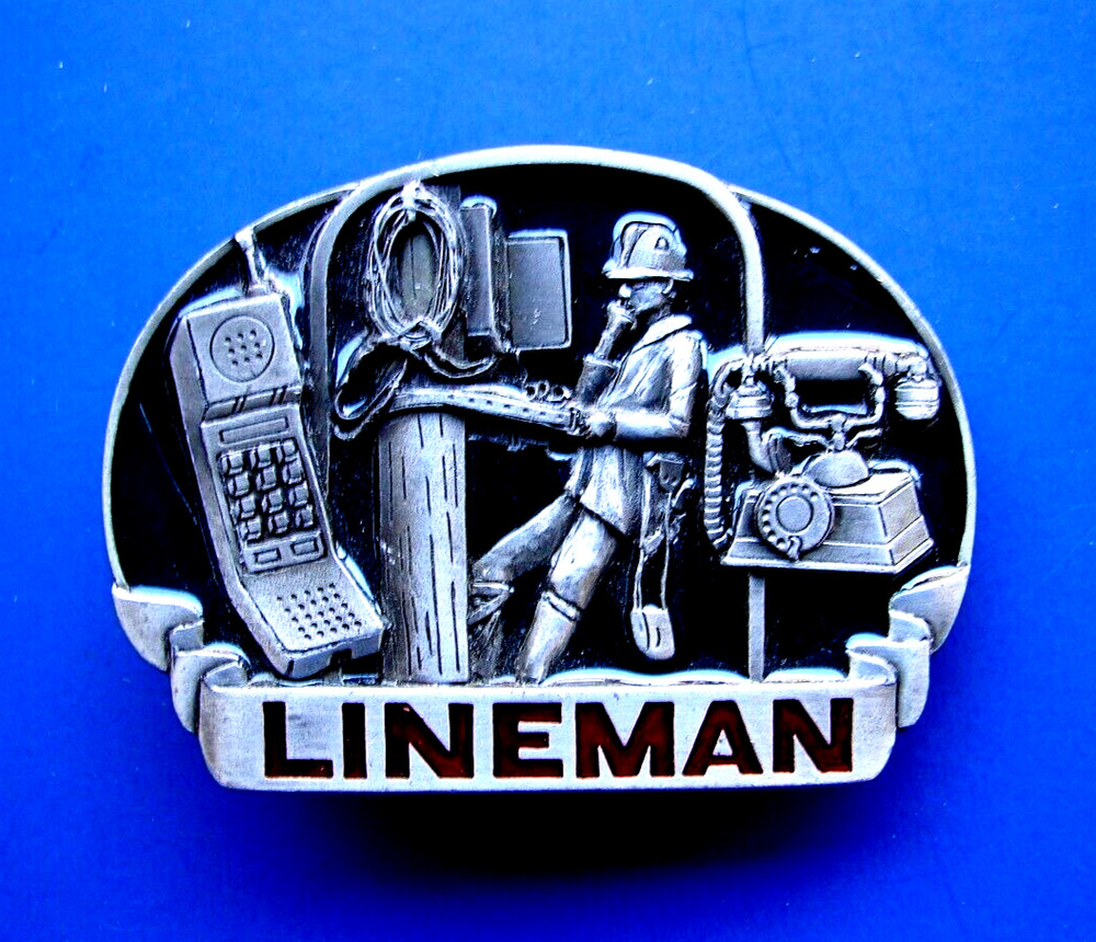 Vtg 80s Great American Belt Buckle Telephone Lineman Pewter 1983 C&J Inc