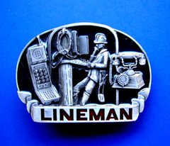 Vtg 80s Great American Belt Buckle Telephone Lineman Pewter 1983 C&J Inc