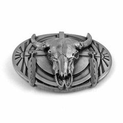 Tribal Steer Skull Head Feathers Belt Buckle Antique Silver Tone Fits 1.5&Prime; Belts