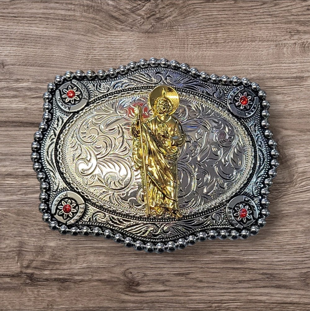 Cowboy Belt Buckle For Man- Saint Jude 4.25&Prime;x3.25&Prime; Silver Tone/Gold/Black