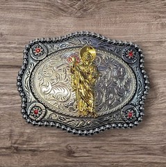 Cowboy Belt Buckle For Man- Saint Jude 4.25&Prime;x3.25&Prime; Silver Tone/Gold/Black
