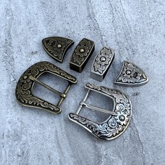 Western 3-Piece Belt Buckle Set Floral Engraved Silver Bronze Cowboy Rodeo Style