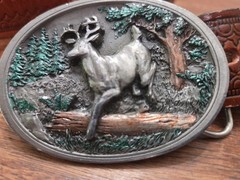 Belt C+ J Inc Pewter Buckle With Deer In Woods Belt Brown Tooled Leather 46