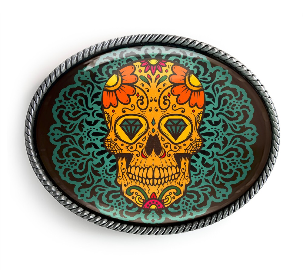 Ornate Muertos Belt Buckle – Mexican Day of the Dead Skull Belt Buckle – 69