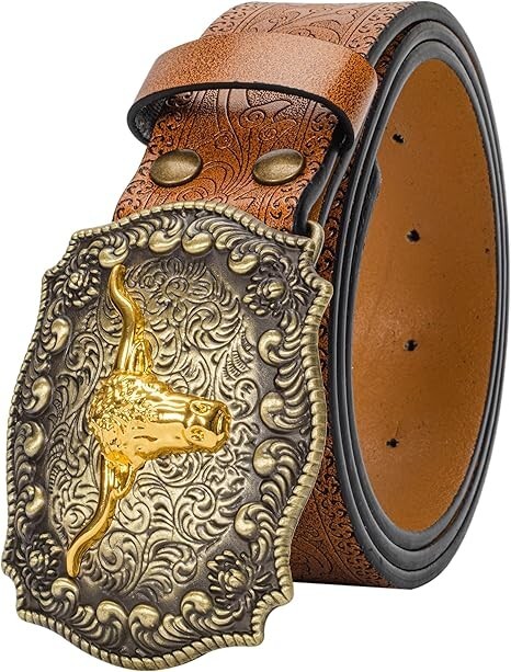 Western Cowboy-Belts for Men Big-Buckle Longhorn-Bull Pu-Leather Rodeo Cowgirl-B