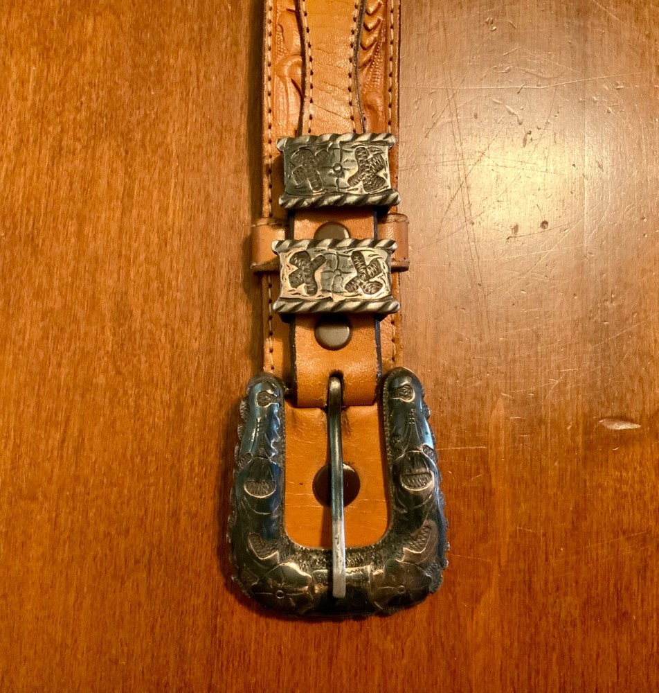 Mexico Silver Gold Overlay Engraved Flower Ranger Buckle Brown Tooled Belt 36&Prime;