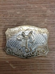 Vintage Western Horse Saddle Belt Buckle Solid Brass Engraved Floral Gold Tone