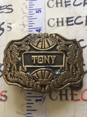 Vintage TONY Brass Belt Buckle approx 5oz. 3&Prime; wide – name personalized Oden Inc.