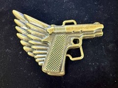 Winged Gun Flying Pistol Handgun Figural Cutout Brass Tone 4&Prime; Wide Belt Buckle