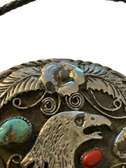 SSI Silver Turquoise Coral American Eagle Feathers Flower Belt Buckle & Bolo Tie