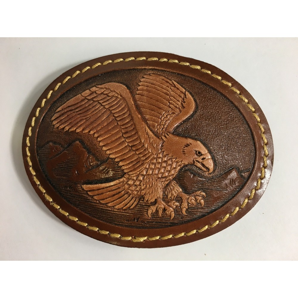 Vintage Leather Belt Buckle Eagle Bird Tooled Brown Oval Western Cowboy Rodeo