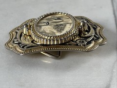Hand Etched Belt Buckle With Clipper Ship Whales Hawaii Nautical