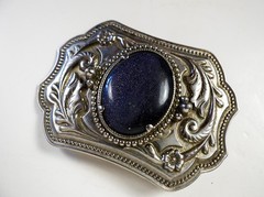 Vintage Western Floral Embossed Metallic Blue Star Stone Silver Tone Belt Buckle