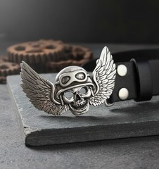 Biker Belt Buckle Skull With Helmet And Wings Motorcycle Style Metal