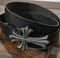 Black Leather Belt Gothic Cross Buckle Biker Rock Punk Western 1.5”
