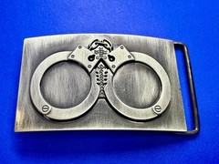 Hand Cuffs Raised Handcuffs on Silver Color Rectangular Belt Buckle
