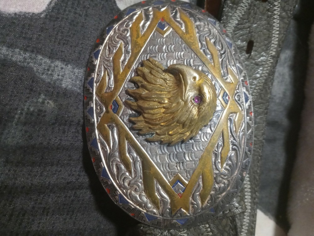 VINTAGE Crumrine Belt Buckle Sterling & Gold Plated Eagle w/RUBY Eyes