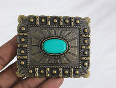 Western Turquoise Belt Buckle With Handmade Leather Strap| Rodeo Buckle For Men