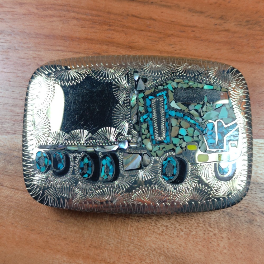 Western Native Engraved Turquoise Abalone Inlay Semi Truck Cowboy Belt Buckle