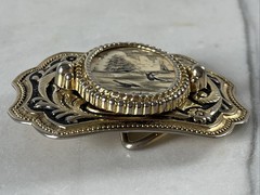 Hand Etched Belt Buckle With Clipper Ship Whales Hawaii Nautical