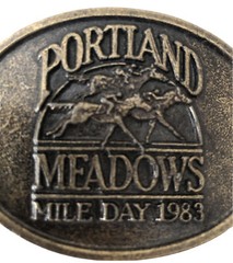 Vintage 80s Portland Meadows Mile Day Western Belt Buckle Horse Racing Bronze