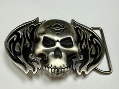 Skull with Flames Cutout Silver & Black Color Silver Moon Creations Belt Buckle