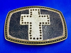 Metallic Theme Religious Cross Studded Design on White Faux Leather Belt Buckle