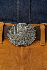 Silver Turkey Belt Buckle Engraved Hunting Scene Made in USA Western Cowboy