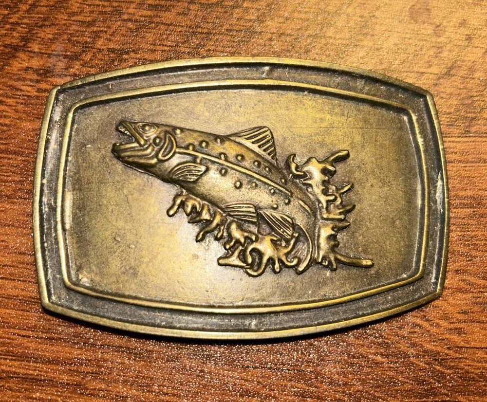 Vintage FLY FISHING SPECKLED TROUT Belt Buckle Made in Italy Zinc 3.75” X 2.5”