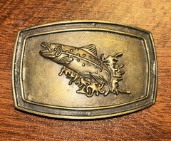 Vintage FLY FISHING SPECKLED TROUT Belt Buckle Made in Italy Zinc 3.75” X 2.5”