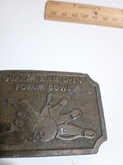 Vintage Quaker State Open Forum Bowl Bowling Belt Buckle Hit Line USA Metal