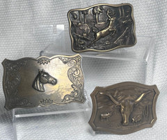 Vtg Outdoorsman Hunter Animal Themed Belt Buckle Lot Of 3 Deer Steer & Horse
