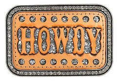 Blazin Roxx Rectangle Belt Buckle Howdy Crystals & Leather Silver 37934