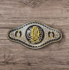 Cowboy/Charro Belt Buckle – Virgen Mary/Horse Shoe 6.5&Prime;x3.25&Prime; Silver/Black/Gold