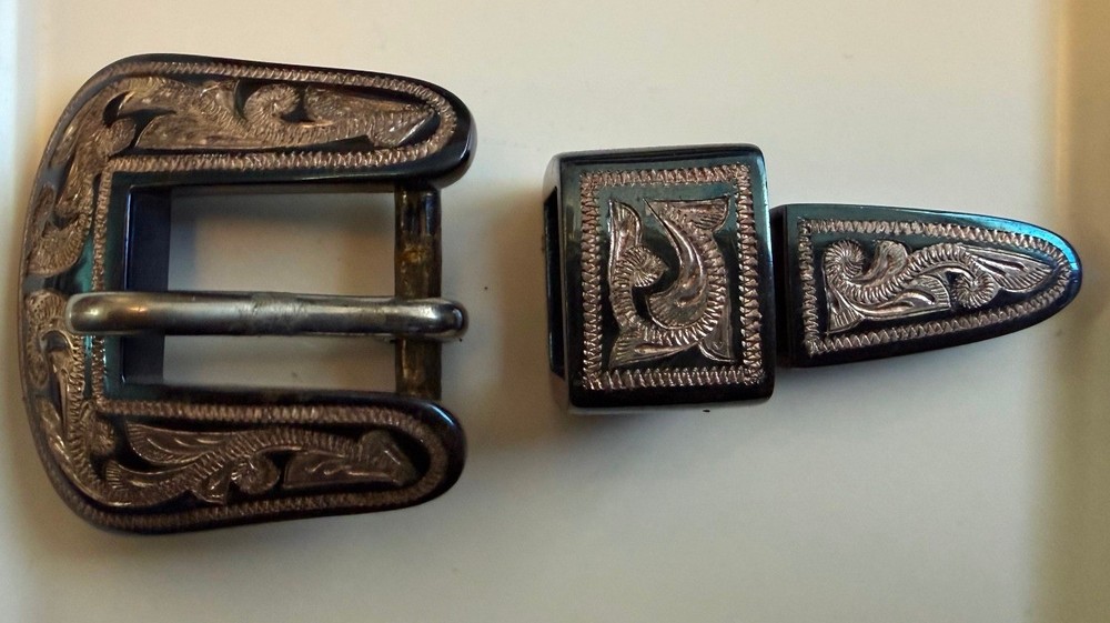 BCMEX 3pc Western Belt Buckle Set Blue Silver Engraved