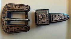BCMEX 3pc Western Belt Buckle Set Blue Silver Engraved