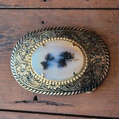 VINTAGE GENUINE AGATE AND BRASS BELT BUCKLE WITH ORIGINAL BOX NOS NIB