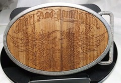 Belt Buckle Silver Tone Hart & Huntington Tattoo Co. Etched Wood Skull Wings