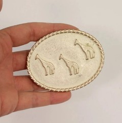 Belt Buckle Giraffe Family Antique Silver Oval Animal Print Safari Nature Design