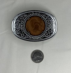 Oval Belt Buckle Filigree Liberty Bell Leather Inlay Western Ranch Americana